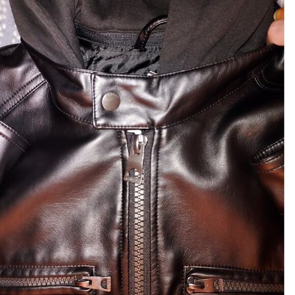 Men's Faux Leather Motorcycle Jacket With Detachable Hood Black Size Large - Picture 12 of 14